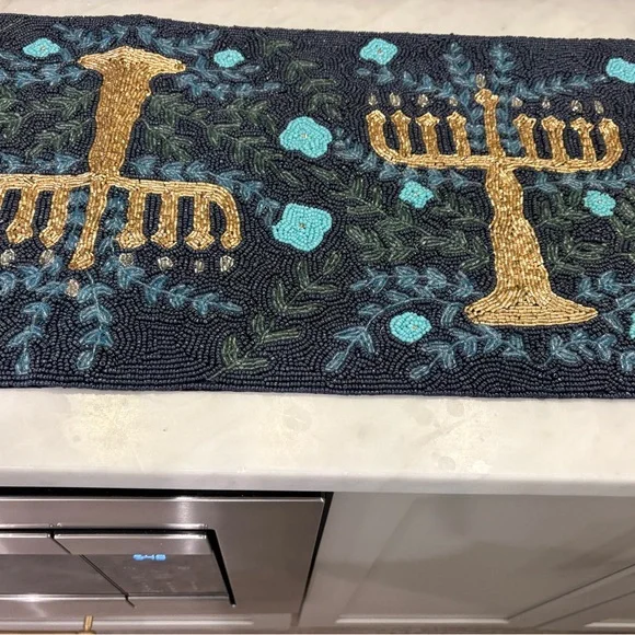 Luxurious Gold and Blue Menorah Runner - Picture 3 of 4